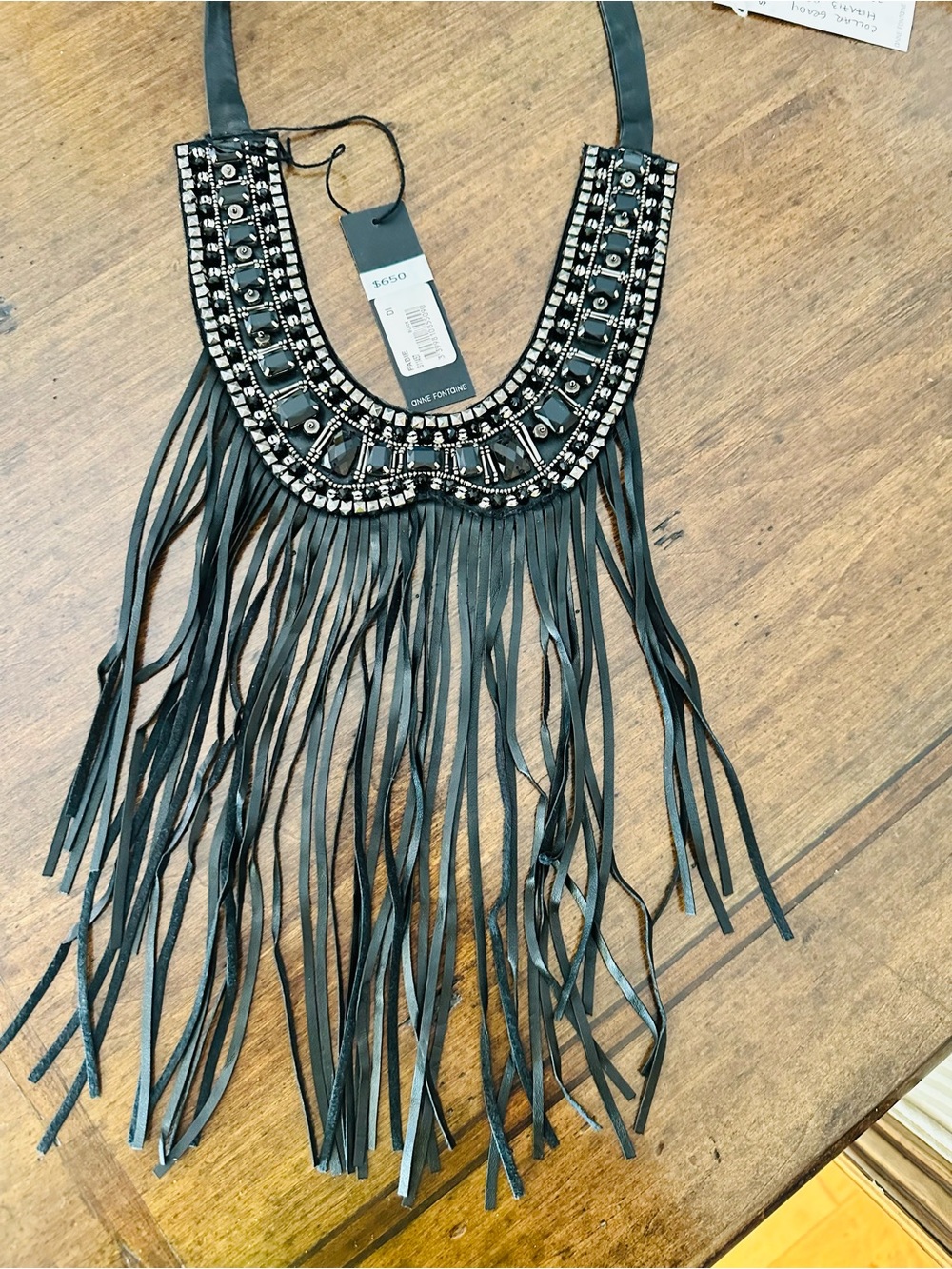 Anne Fontaine Black Leather Fringe Neck Collar